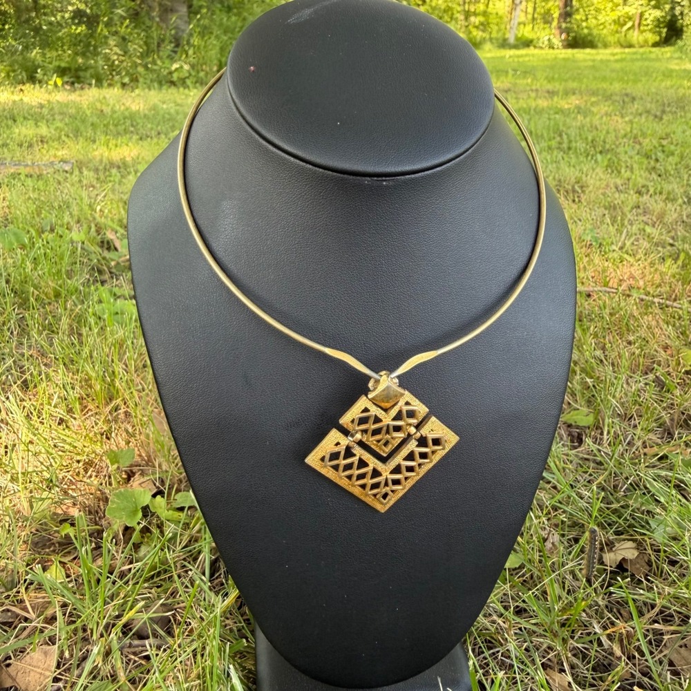 Vintage 1970s Geometric Torque Collar Necklace Gold Tone Brutalist Openwork 70s